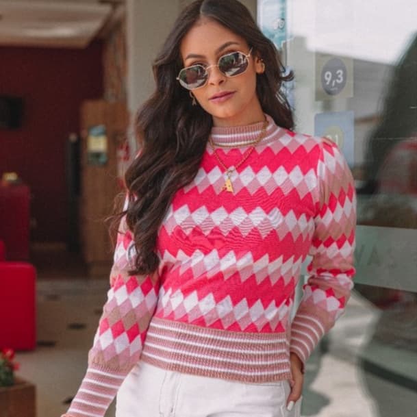 Blusa escocesa tricot, suéter feminino tricô xadrez, estampa colorida inverno manga longa losango