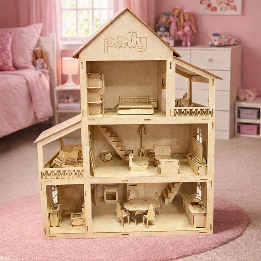 Casinha de Boneca Infantil MDF Cru de Madeira 53 cm Com Móveis