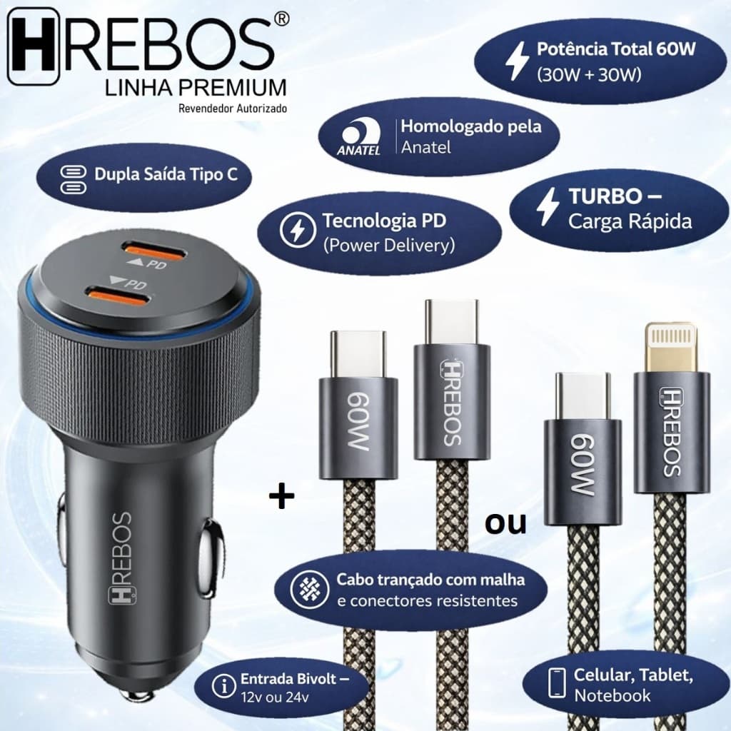 Carregador Veicular Hrebos 60W USB-C PD Dupla Saída | Kit com Cabo Tipo C ou Lightning CRV-209