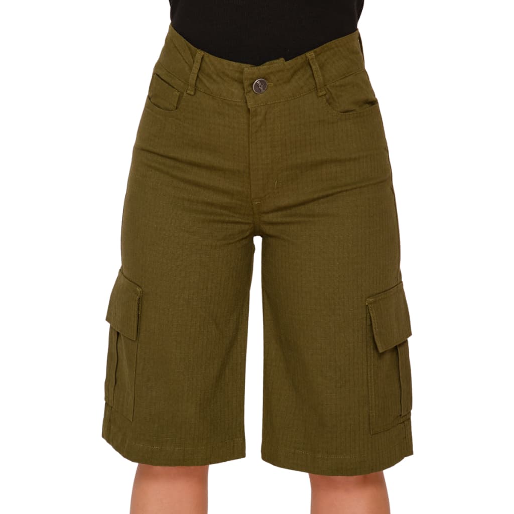 Bermuda Sarja Feminina Cargo Verde Tendência Jords Com Elastano Estilo Streetwear Short c/ Bolso Lateral