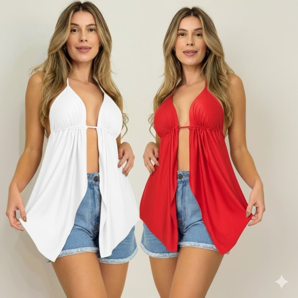 Kit 2 Cropped Malibu Cortininha Feminina Moda Blogueira Canelada com Decote Babado e Costas Nua