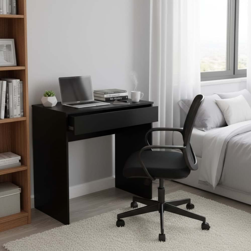 Escrivaninha Mesa 70cm Com Gaveta Preto MDP Home Office Escritório Notebook Computador Compacta