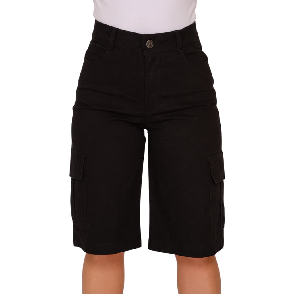Bermuda Sarja Feminina Cargo Preto Tendência Jords Com Elastano Estilo Streetwear Short c/ Bolso Lateral