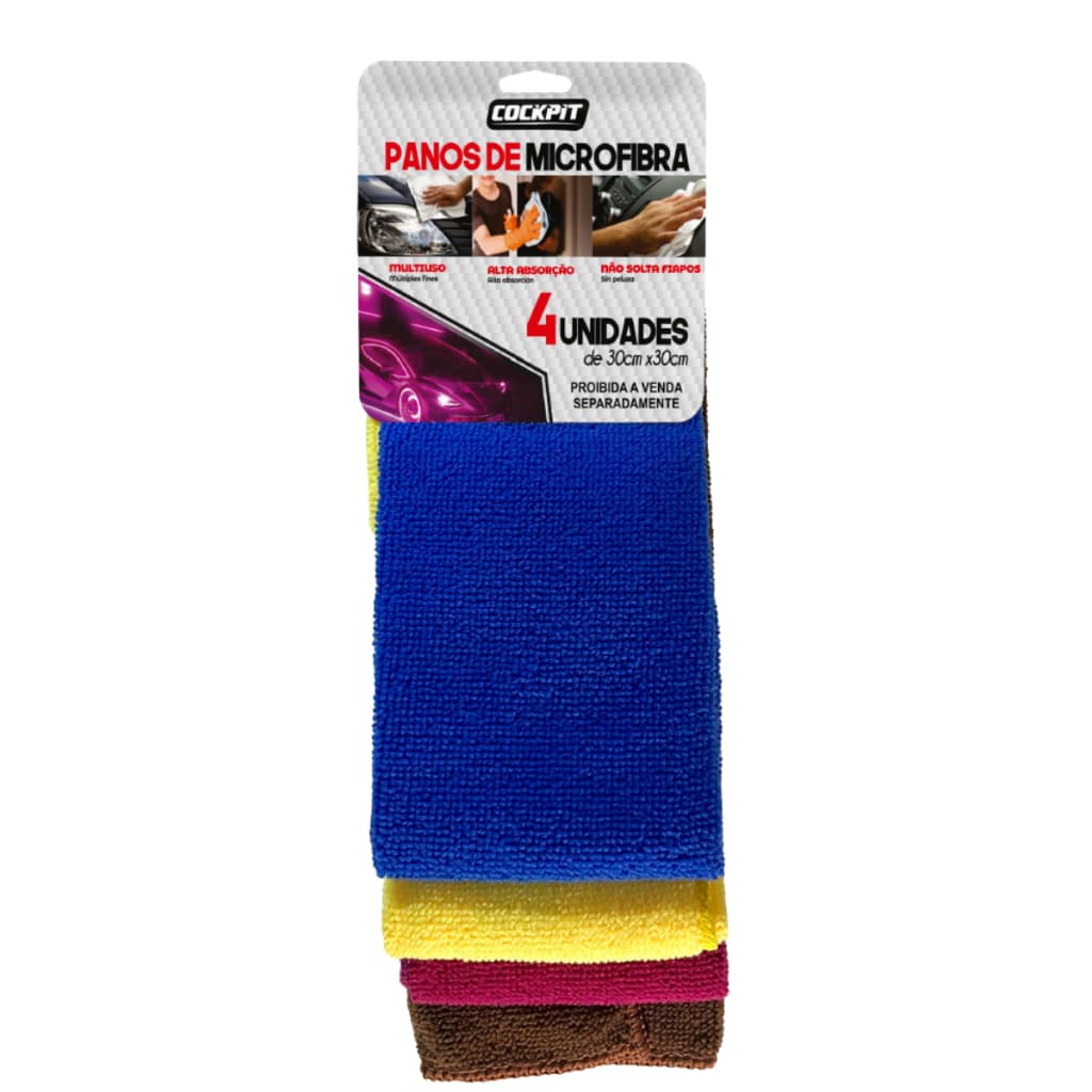 Kit 4 Panos de Microfibra 30x30cm: Alta Absorção, Multiuso e Zero Risco, Para Limpeza No Geral de Veículos e Casas