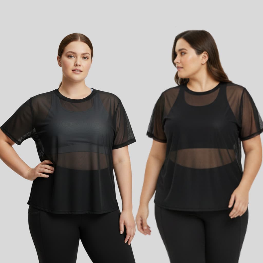 Blusa Feminina Transparente de Tule Manga Curta Camiseta Academia Treino