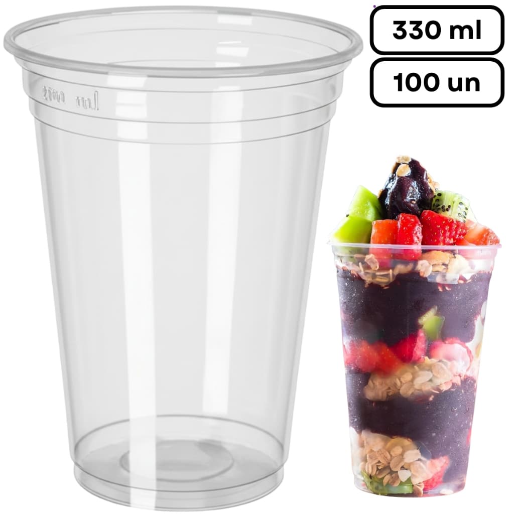 Copo Descartavel Transparente Reforçado 300 330 ml PP Suco Açaí Copão Liso Cristal