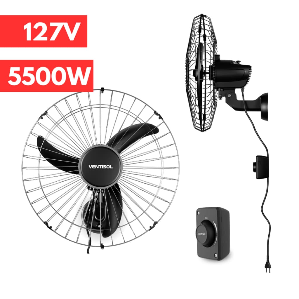 Ventilador Parede Premium Oscilante Preto 60cm Bivolt Ventisol Wind 200W 3 Pás Verão Grade Aço