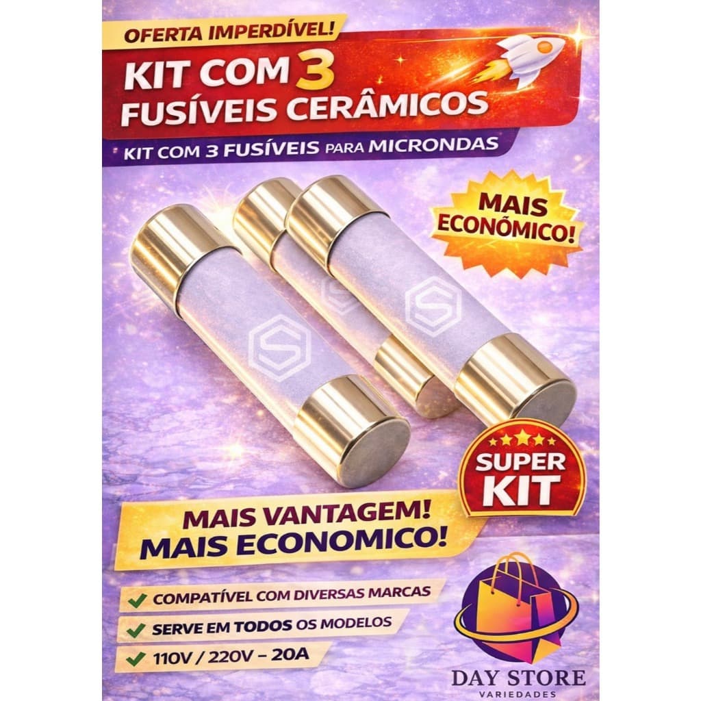 Kit total de 3 Fusível Cerâmico 20A Micro-ondas Universal Bivolt 110V/220V Compatível Diversas Marcas