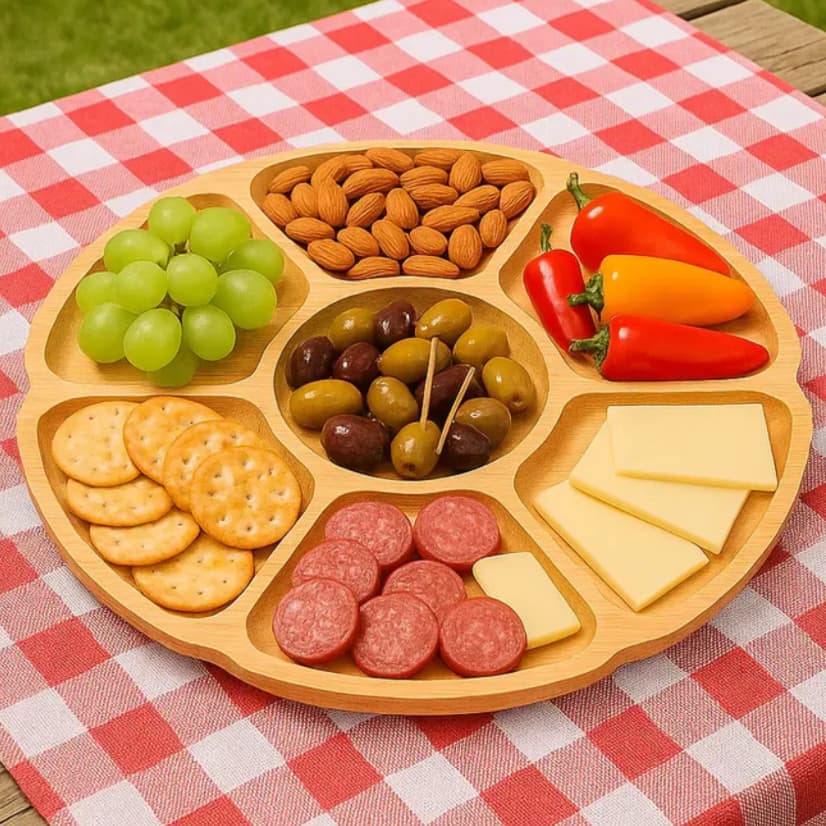 Petisqueira Tábua Petisco Tipo Bambu MDF FLOWER 29cm Petisqueira com 7 Divisórias para Frios queijo Churrasco decorativa