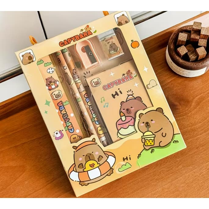 Conjunto de Papelaria Infantil 6 Peças, Régua, Borracha, Apontar, Caderno borracha