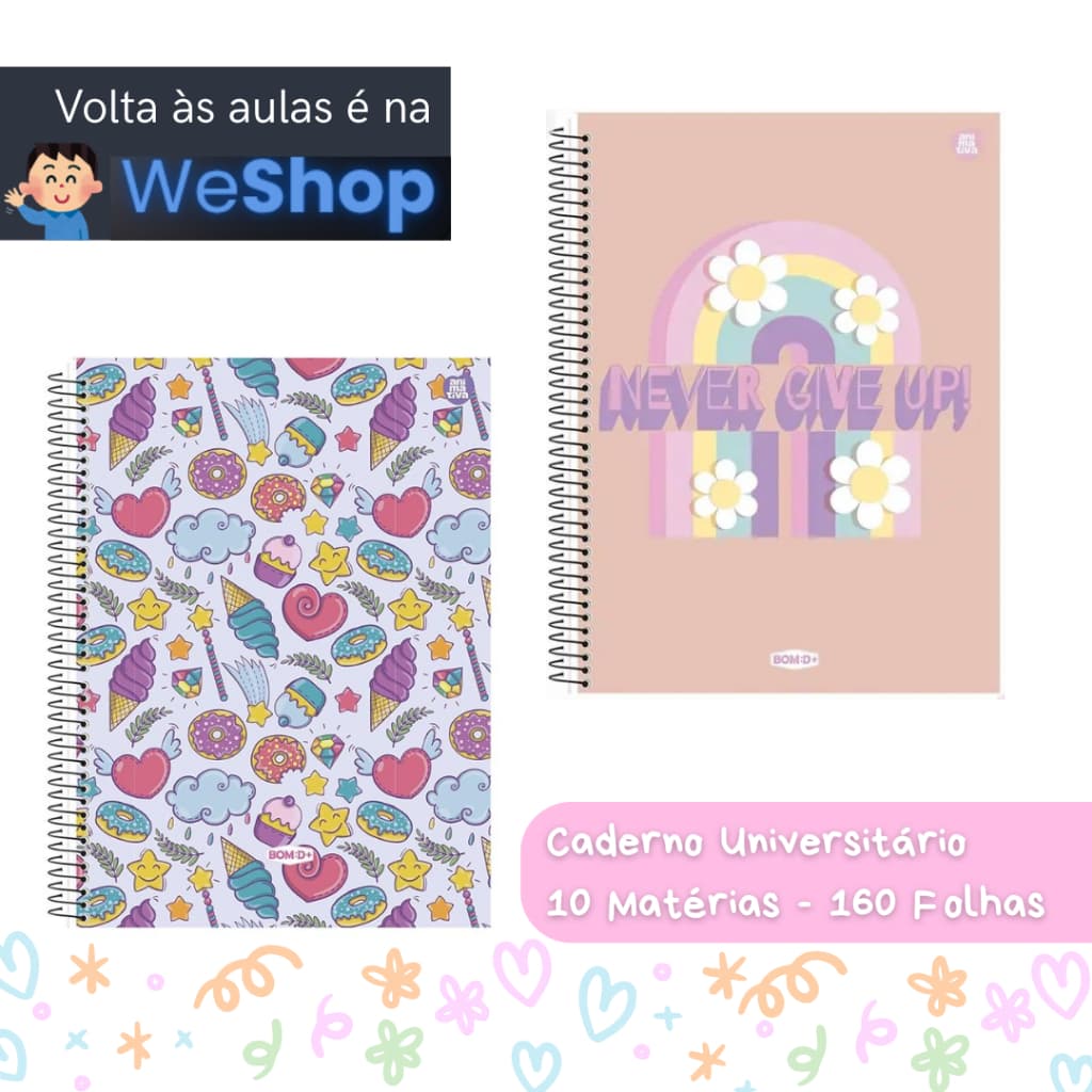 Caderno Escolar Universitário 10 Matérias 160 Folhas/ 1 Matéria 80 Folhas Feminino Menina
