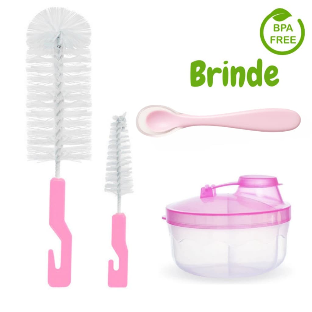 Kit Porta Leite em Pó + 2 Escovas de Lavar Mamadeiras + Colher c/ Ponta de Silicone