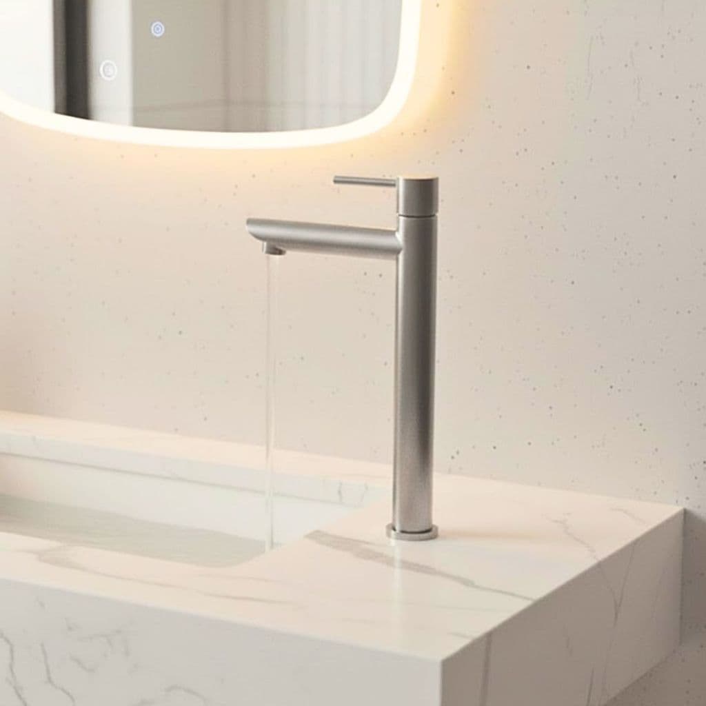 Torneira Bancada Alta Bica Reta Aço Inox Escovado Cromado Fosco 1/4v Água Fria para Cuba de Apoio