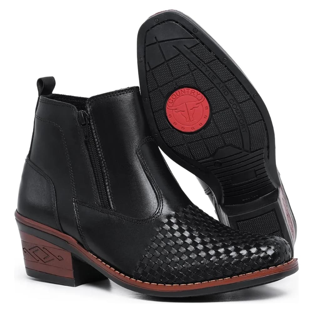 Bota Botina Masculina Country Trice Preta Bico Fino Couro Legitimo