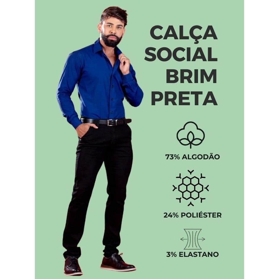 Calça Social Masculina Preta Brim Com Elastano Slim Fit Confortável Com Bolsos Para Trabalho