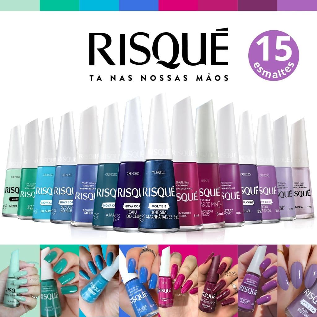 Kit 15 Esmaltes Risqué Tons Azul Verde Roxo Rosa Esmaltes Atacado