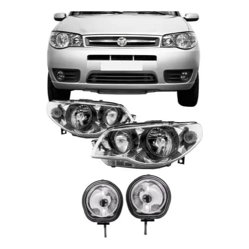 Kit Farol Duplo Cromado e Farol de Milha Lente Vidro Palio Siena Strada G3 2004 a 2014