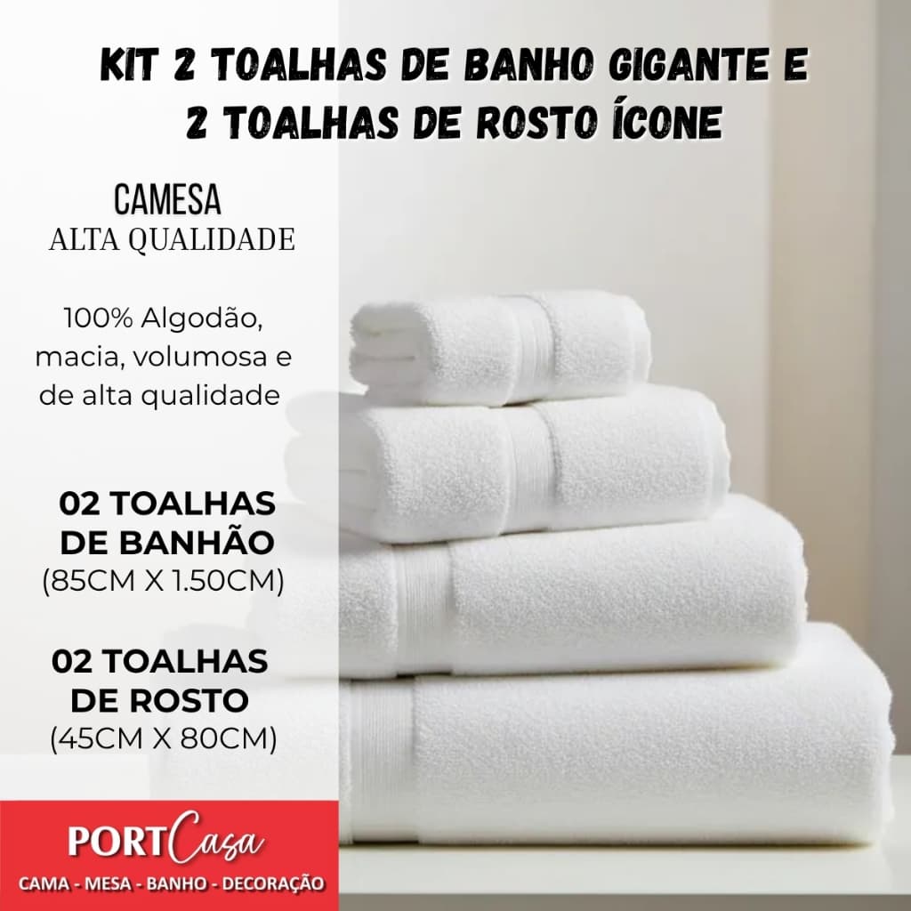 Jogo de Toalha Banho Gigante + Toalha de Rosto Camesa Ícone 4 Peças 150x85cm