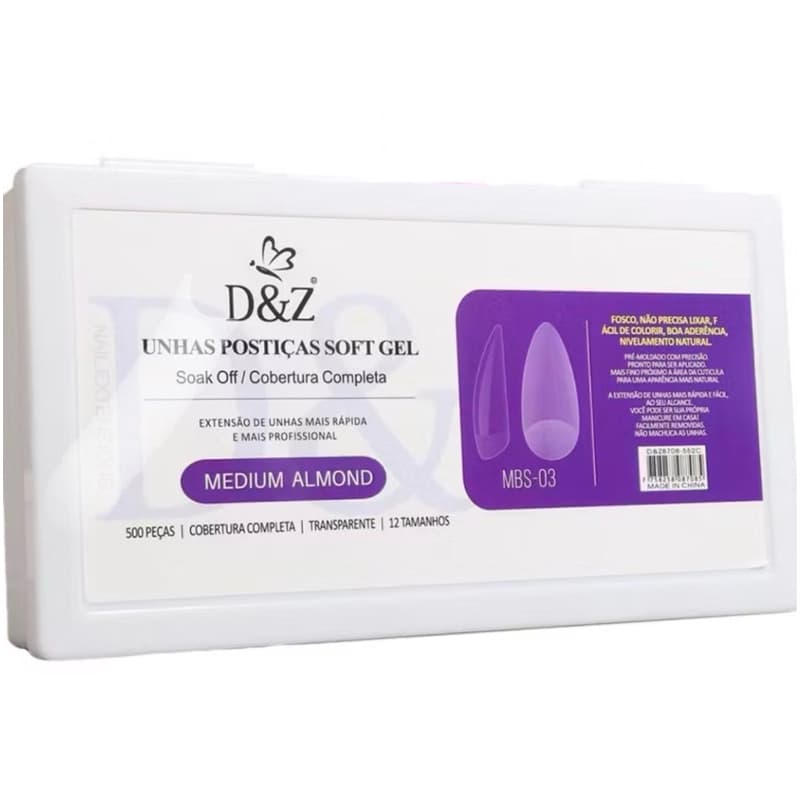 Postiças Soft Gel para Unha - Almond Médio Fosco - 500 und - D&Z