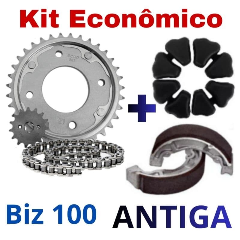 Kit Transmissão Relação Tração + Coxim + Patins (Lona) De Freio Honda BIZ 100 ANTIGA (1998 à 2005)
