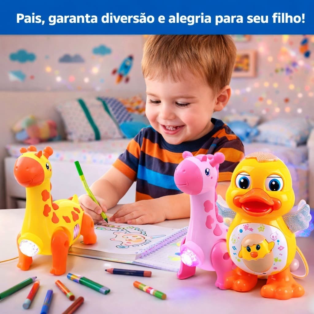 Kit Pato Dançante E Girafa Fujão Som Anda Mexe Musical
