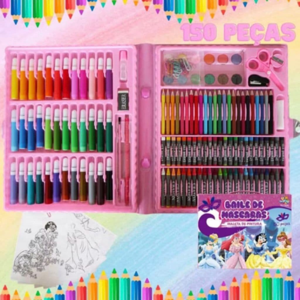 Kit 150 peças Caneta Canetinha Estojo Escolar de pintura cores Coloridas Princesas