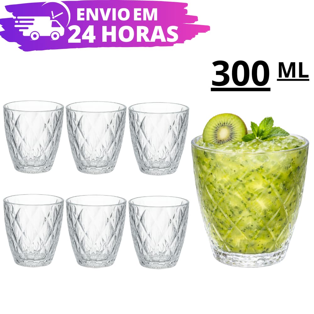Kit 6 e 12 Copos Diamond Baixos 300ML REFORÇADO Diamante Transparente Grosso