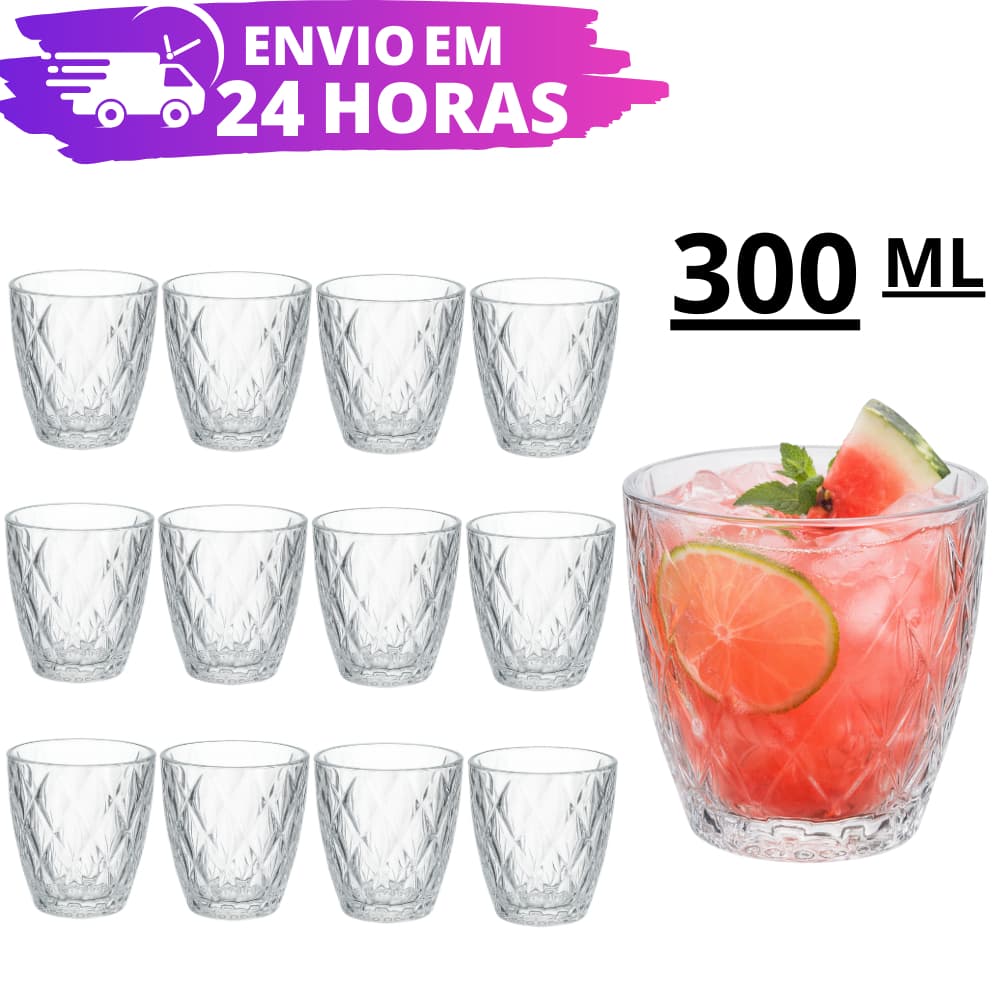 Jogo 12 e 6 Copos Diamond Baixos 300ML REFORÇADO Diamante Luxo Transparente