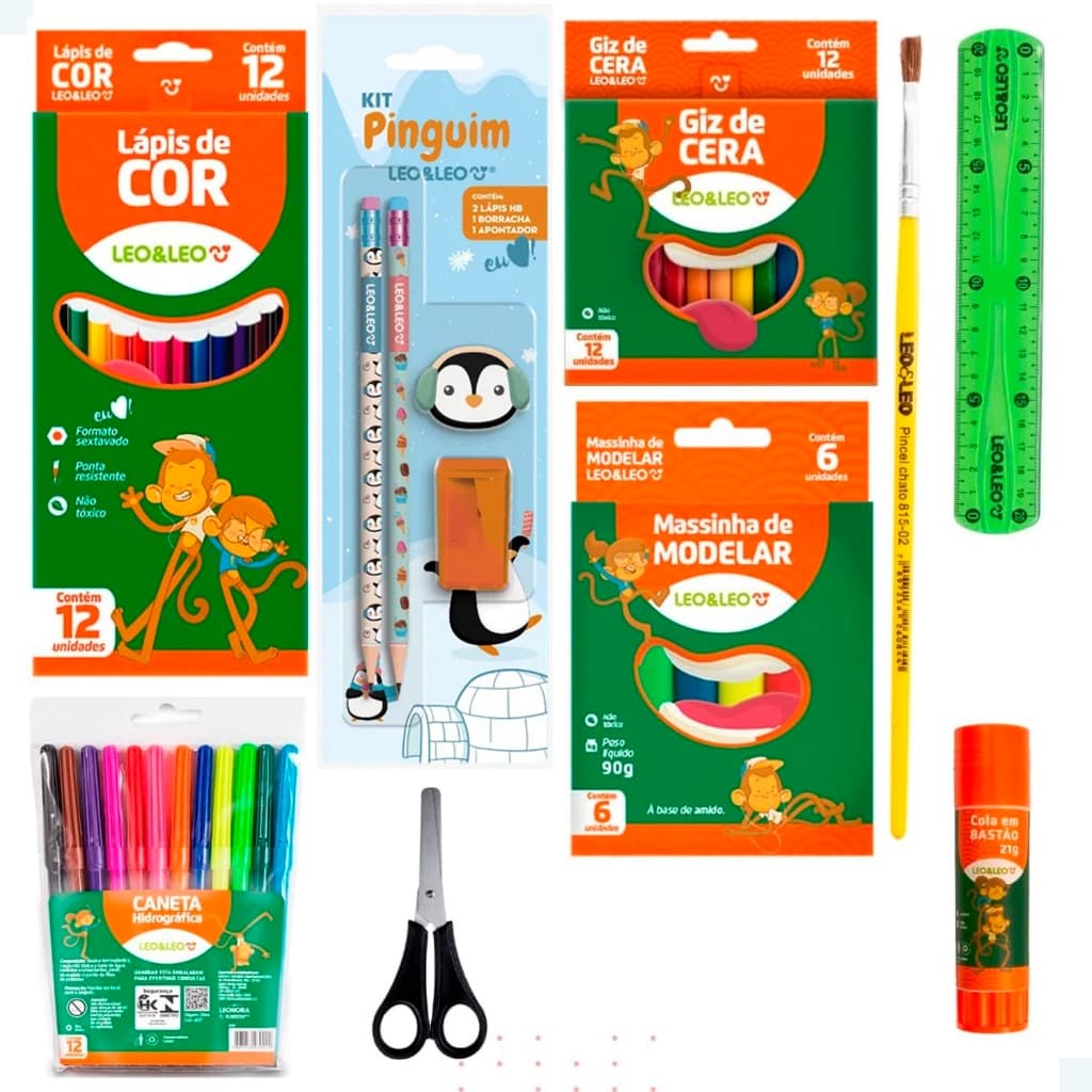 Kit Material Escolar  Infantil Fundamental - Volta às aulas - Lápis Cor - Borracha - Massinhas - Giz