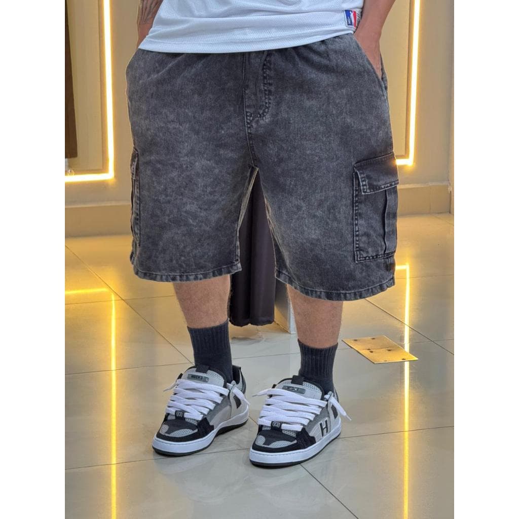 Bermuda Cargo Masculino Bolso Lateral Skatista Streetwear Preta Mescla Cinza Grafite