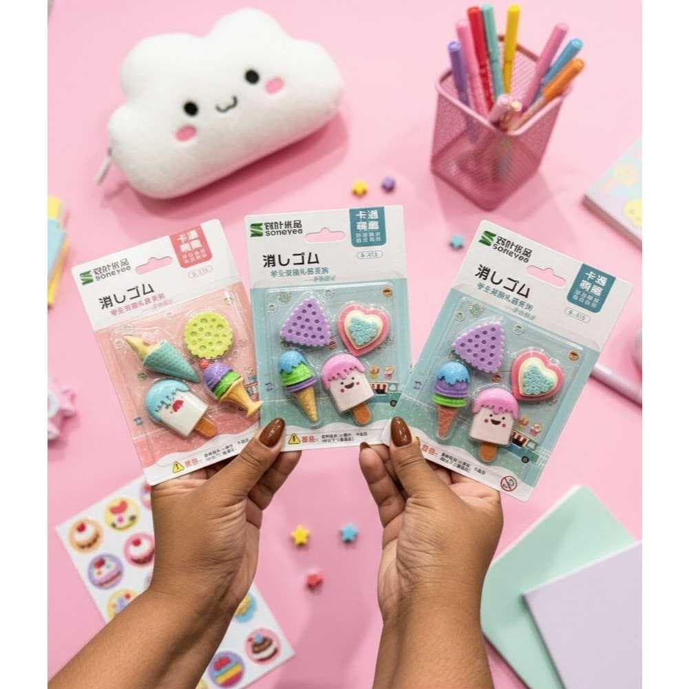 Kit 4 Borrachas Escolar 3D Fofa Infantil Sorvetes e Doces