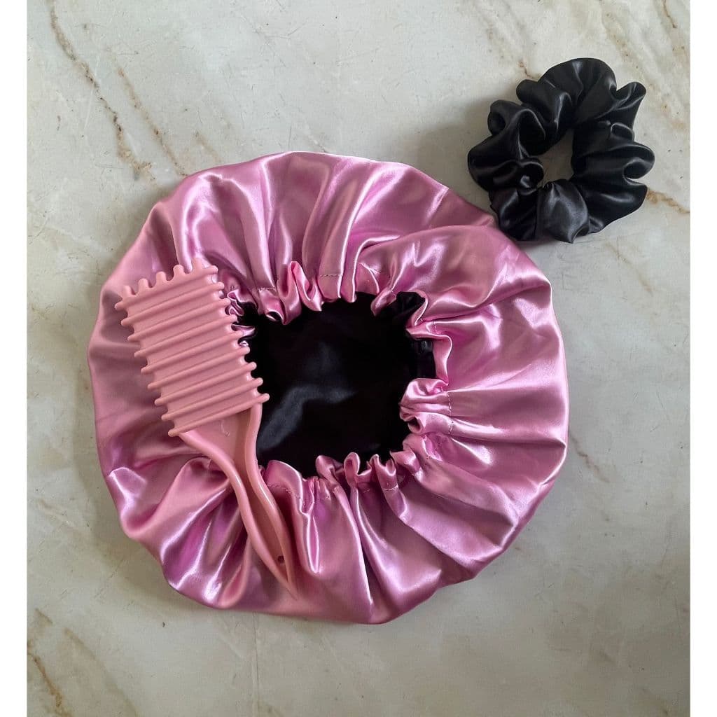 Kit Touca de Cetim Anti-Frizz Dupla Face + Xuxinha Scrunchie + Pente Garfo Profissional Cabelos Cacheados e Crespos