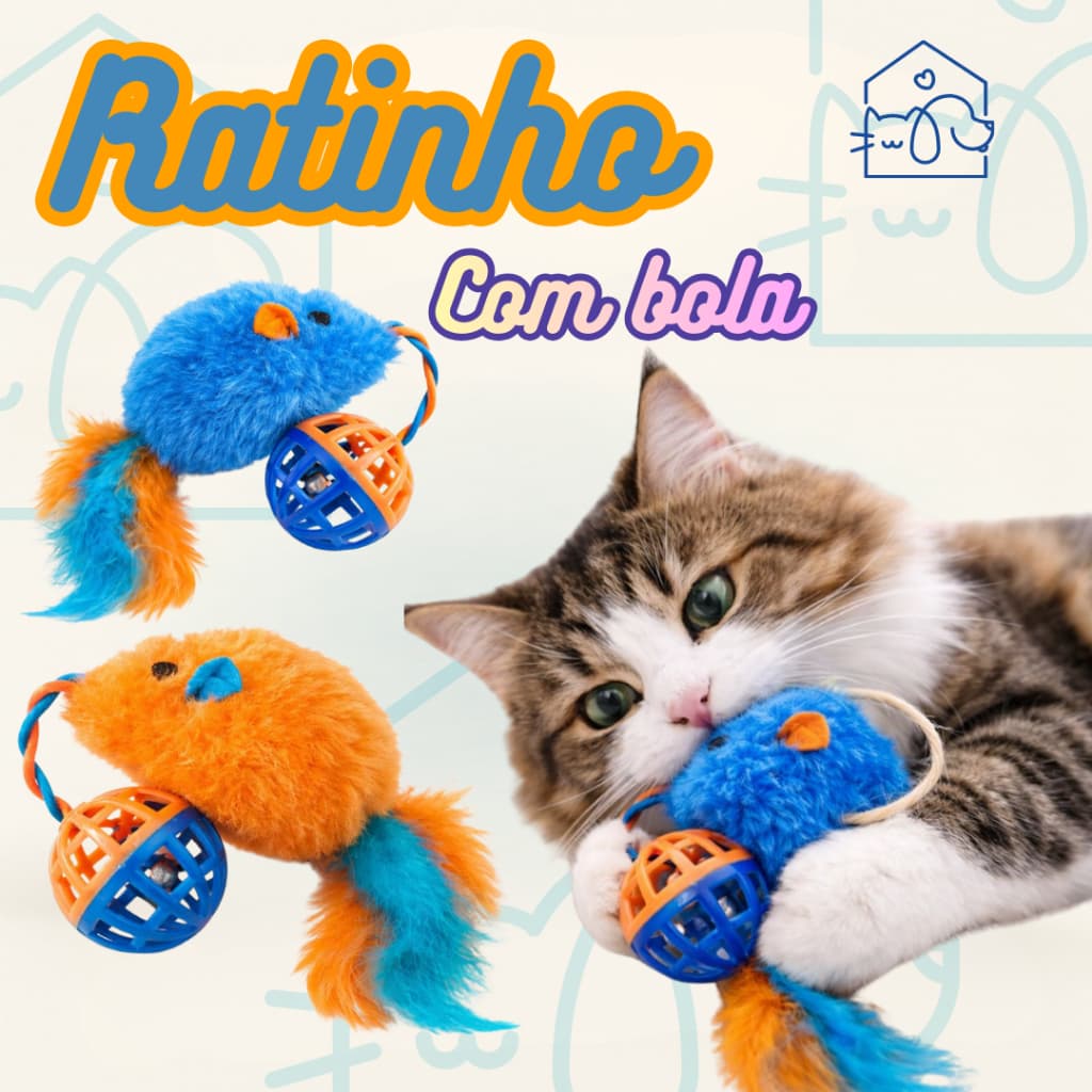 Kit Brinquedo Interativo para Gatos Rato de Pelúcia com Bola