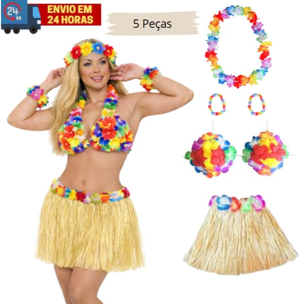 Kit Havaiana 5 peças - Saia Colar 2 Pulseiras e Top Havaiano Adulto e Infantil Fantasia Carnaval