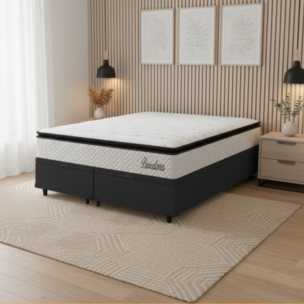 Cama Box Baú Casal Colchão Casal Queen Barcelona Molas Ensacadas 158x198x30cm