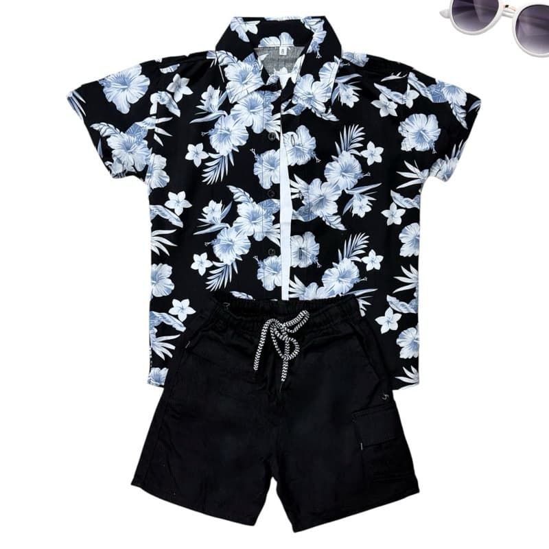 Conjunto Menino Infantil Camisa Social Florido / Flor Azul Fundo Preto Com Bermuda Juvenil Novidade