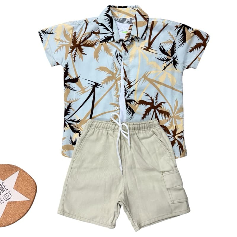 Conjunto Menino Infantil Camisa Social Estampada Florido Coqueiro Grande Com Short Bege S.M