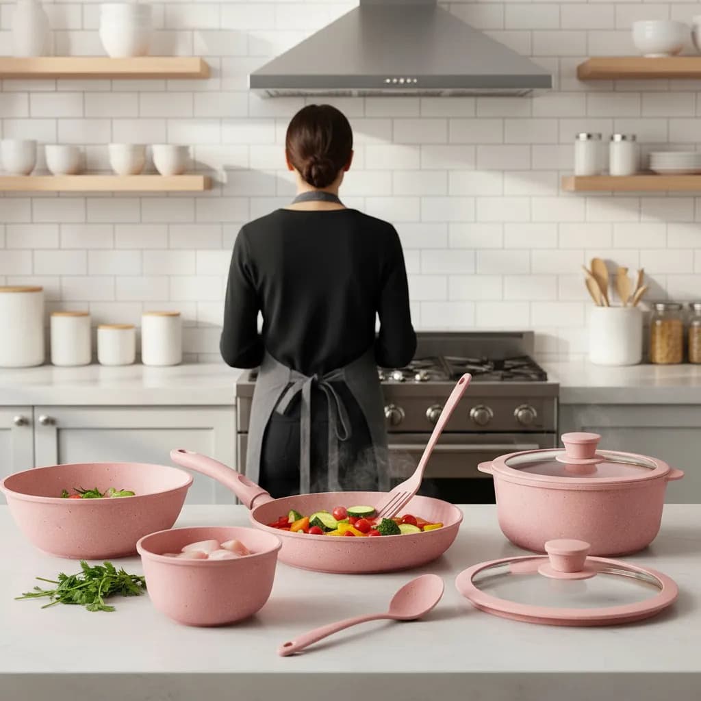 Panela Caçarola Cerâmica com Cabo Removível Premium Rosa11 Peças Alimentos Deliciosos e Saudáveis