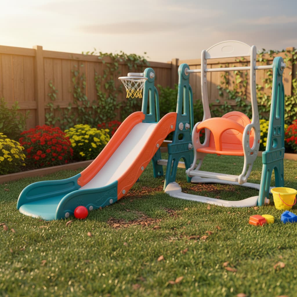 Playground Infantil 3x1 Com Escorregador, Balanço E Cesta De Basquete Ideal Para Crianças A Partir De 3 Anos