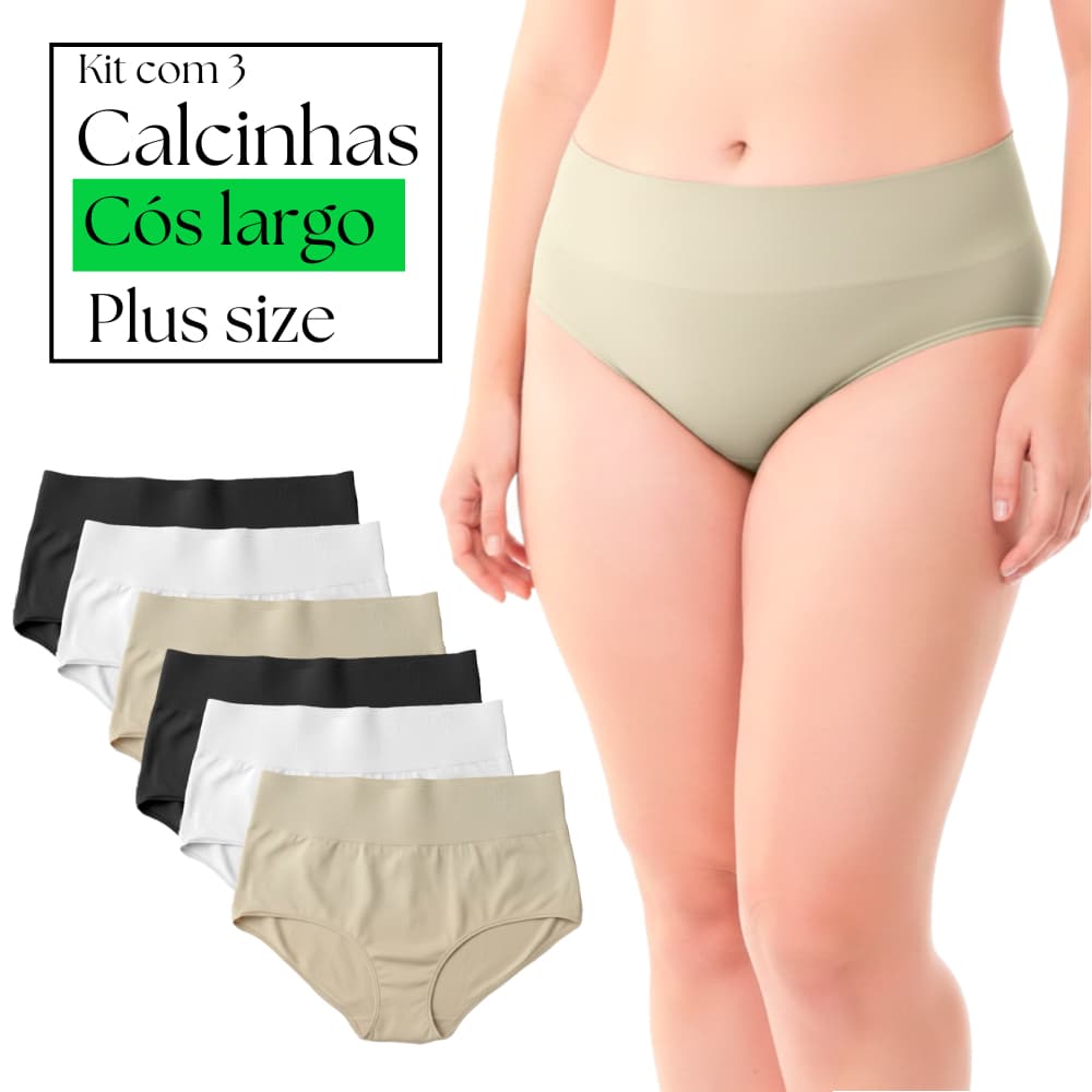 Kit 3 Calcinha Feminina Plus Size Cós Largo - Biquini Confortável Poliamida Para o dia a Dia 201