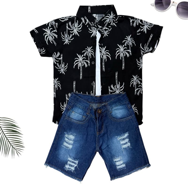 Conjunto Menino Infantil Camisa Social Estampada Florido Coqueiro Pequeno Fundo Preto Com Short 03 Jeans Escuro S.M