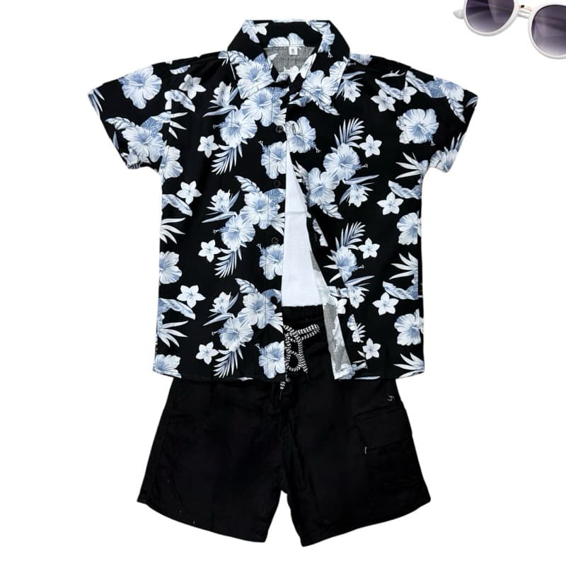 Conjunto Menino Infantil Camisa Social Estampada Flor Azul Fundo Preto Com Short Preto short Juvenil Novidade S.M