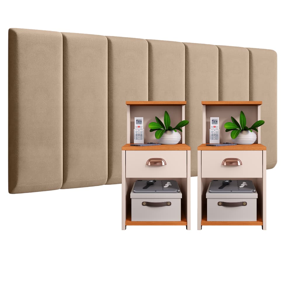 Conjunto Cabeceira Modulada  Cama Casal 1.40 com Kit Mesa de Cabeceira Cléo e Variações