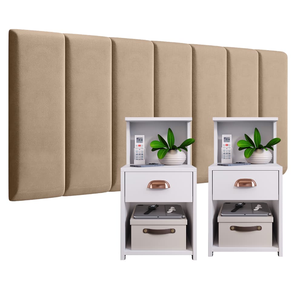 Conjunto Placa Modulado com Variações de Tamanho e  Mesa de Cabeceira Cléo Elegante Aconchegante