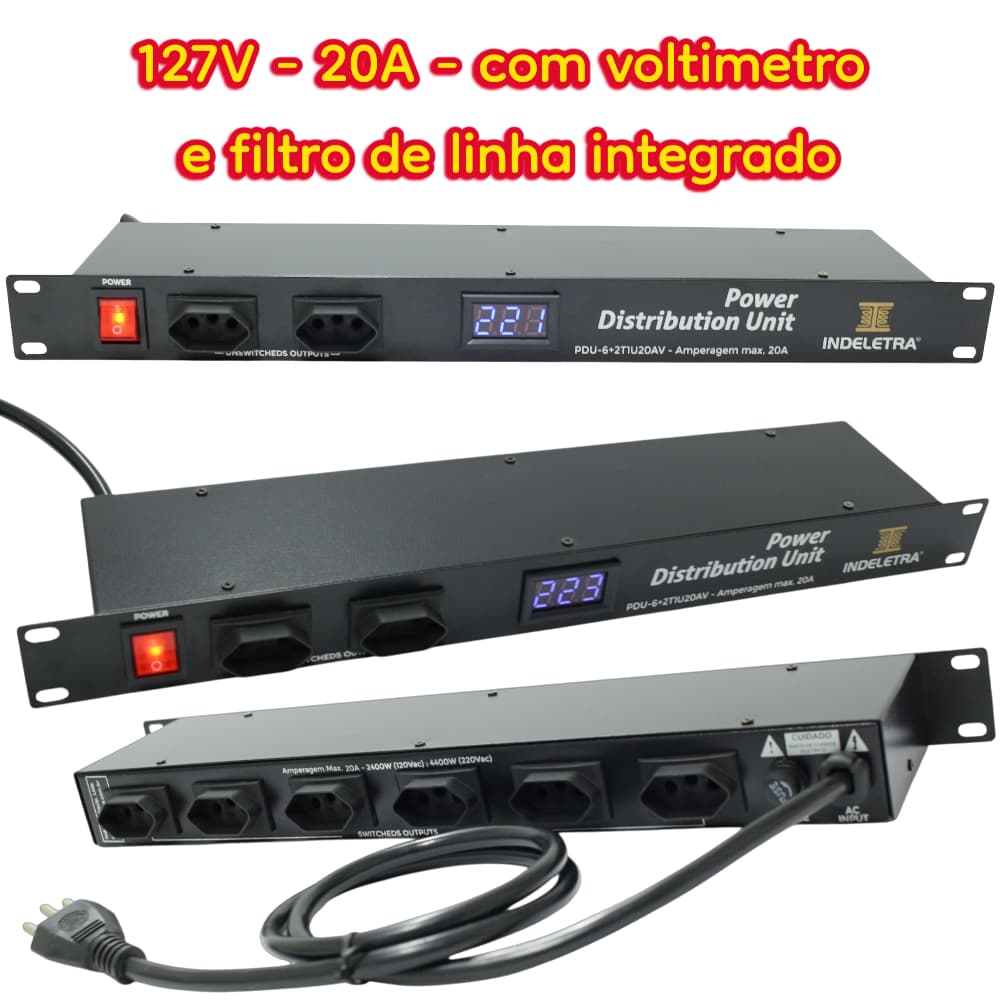 PDU+FLT - UNIDADE DE DISTRIB. DE ENERGIA C/ FILTRO DE LINHA COM VOLTIMETRO 20A 127V