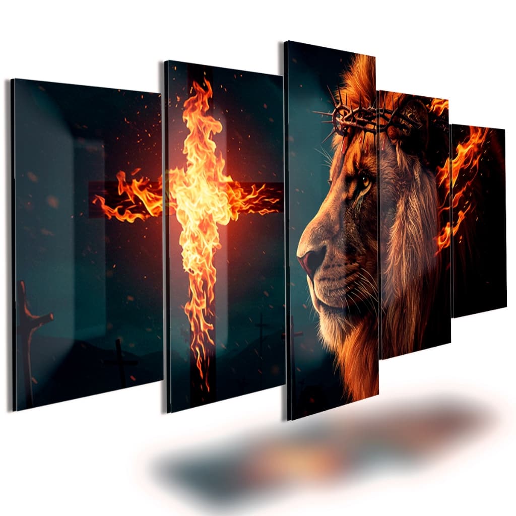 Quadro decorativo 5 peças sala quarto cruz em chamas leão de Judá fé grande