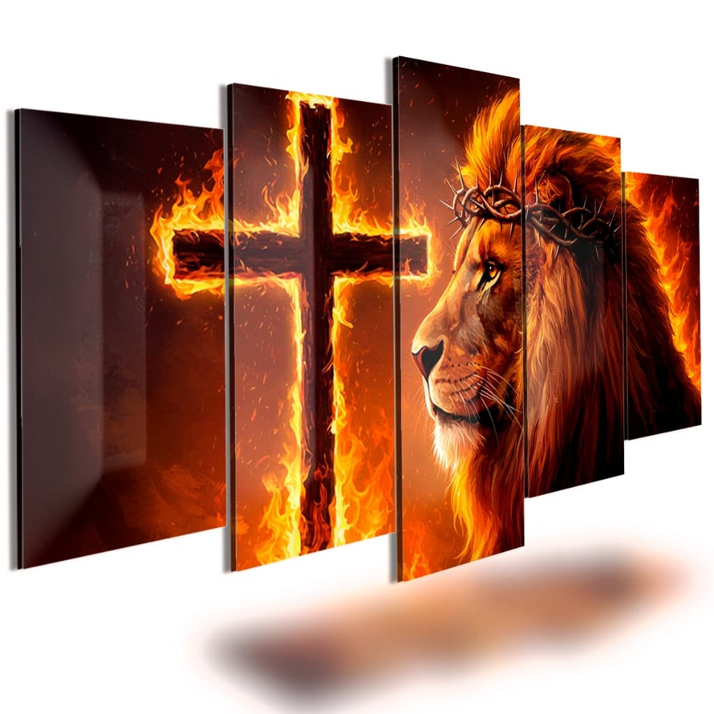 Quadro decorativo 5 peças Leão De Judá coroa e cruz em chamas fé