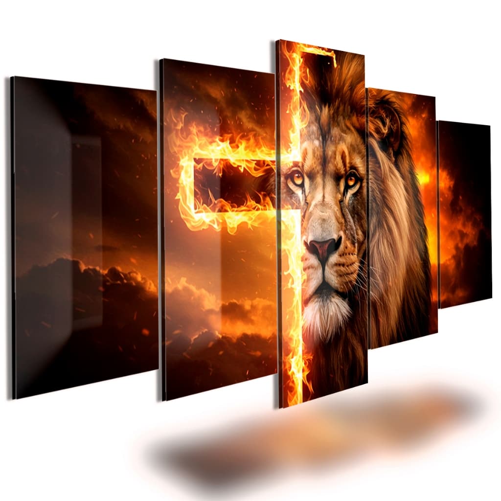 Quadros decorativo 5 peças sala quarto leão de judá em chamas metade rosto e cruz