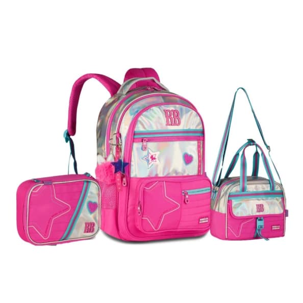 Kit Mochila Holográfica Rebecca Bonbon Costas + Lancheira + Estojo Rosa