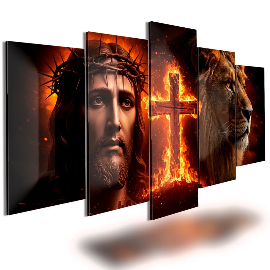 Quadro decorativo sala quarto 5 peças Jesus Cruz em chamas Leão De Judá
